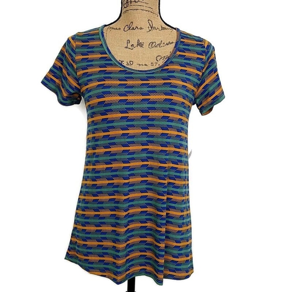 LuLaRoe Christy T-Shirt Women XXS Blue Green Yellow Geometric Arrow Print